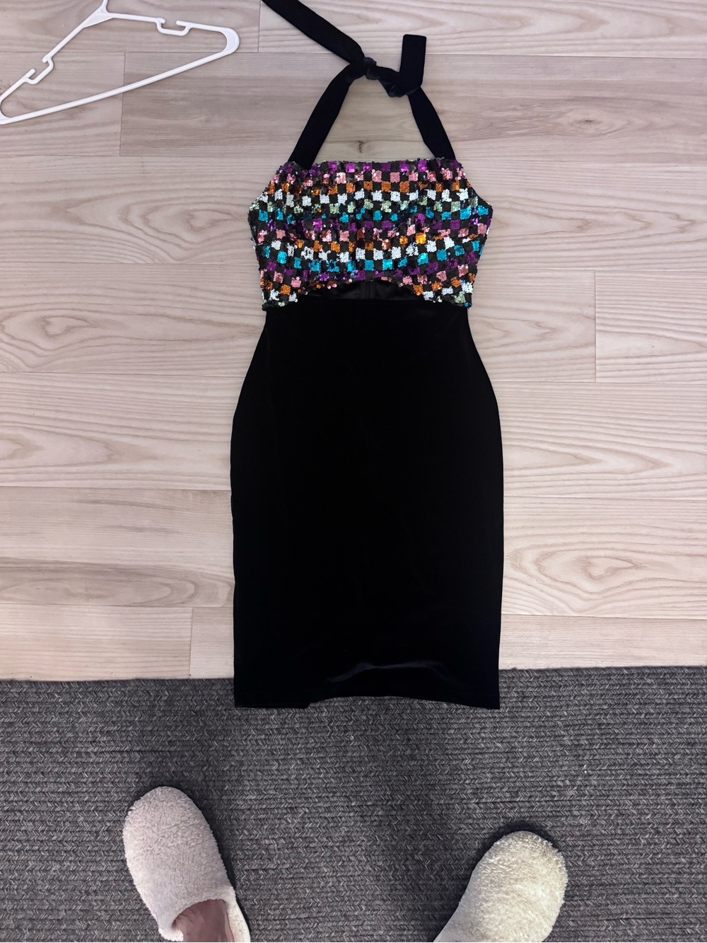 Black velvety Halter Dress with Multicolor Sequin Bodice